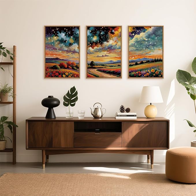 Large Abstract Mountain Flower Framed Canvas Wall Art,Colorful Starry Night Wall Decor,Retro Natural Wildflower Wall Painting,Field Artwork for Living Room,Bedroom,Dining Room,Office -24"x36"x3
