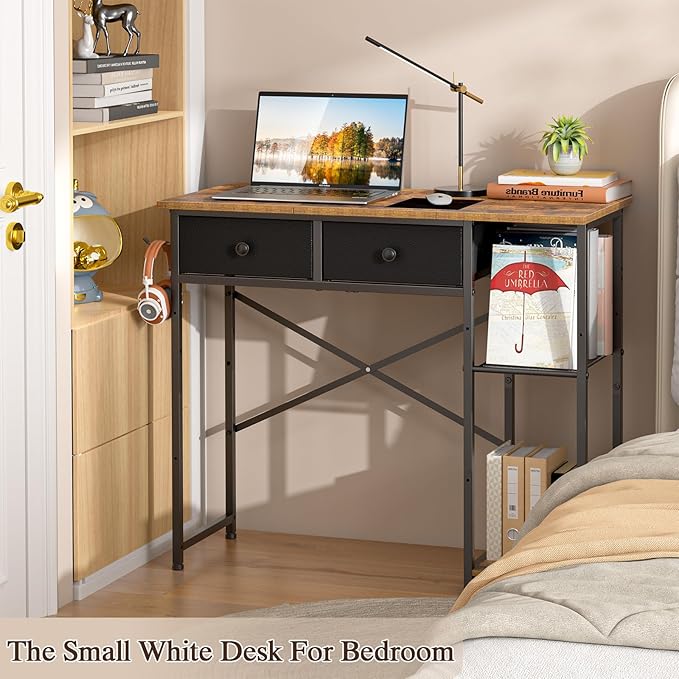 Small Computer Desk, 36 Inch Writing Desk with Drawers & Storage Shelves, Home Office Writing Desk for Small Spaces, Bedroom, Living Room, Dorm, Rustic Brown