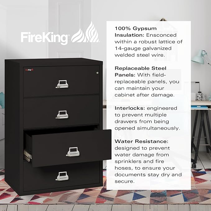 FireKing Fireproof Lateral File Cabinet (4 Drawers, Impact Resistant, Water Resistant), 38" W x 22" D, Black, Made in USA
