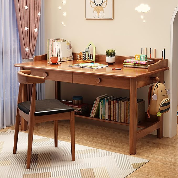 Solid Wood Writing Desk with Drawer,Mid Century Home Office Desk with Hooks,Work Study Pc Table Workstation Computer Desk with Storage Shelves for Small Spaces (80x60x75cm(31x24x30inch), Walnut)