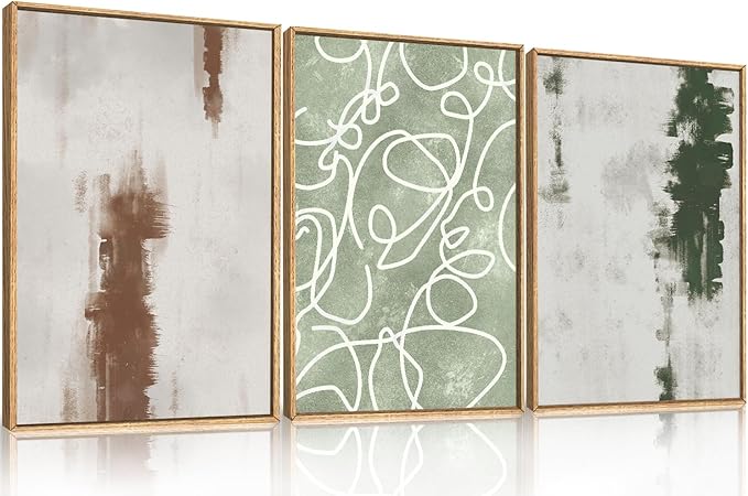 Large Abstract Green Brown Geometric Framed Canvas Wall Art Set,Minimalist Neutral Brush Stroke Wall Decor,Modern Watercolor White Curved Lines Artwork for Living Room,Bedroom,Office-16 x24 x3
