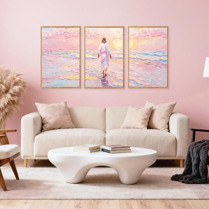 CHDITB Jesus Walking on Water Framed Canvas Wall Art(24"x36"), 3 Panels Colorful Abstract Christian Bible Story Faith LDS Artwork Prints, Large Religious Watercolor Boho Sunset Landscape Christ Gift Decor for Home Office Bedroom