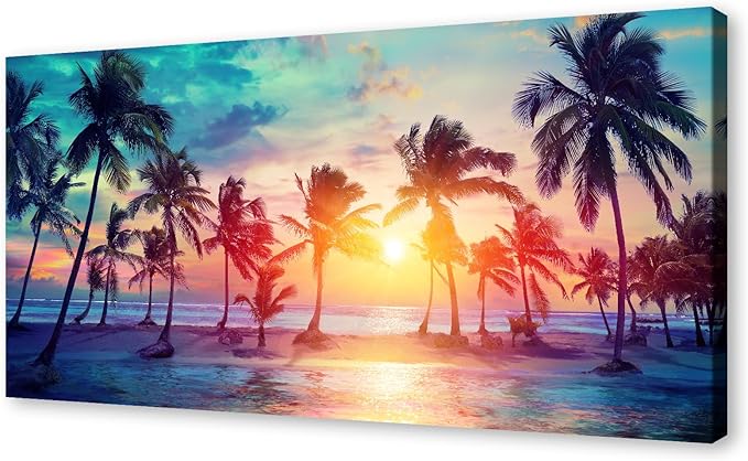 DZL Art S75598 Canvas Wall Art Palm Trees Silhouettes On Tropical Beach At Sunset Beach Seascape Painting Nature Pictures for Living Room Home Office Wall Decor Artwork