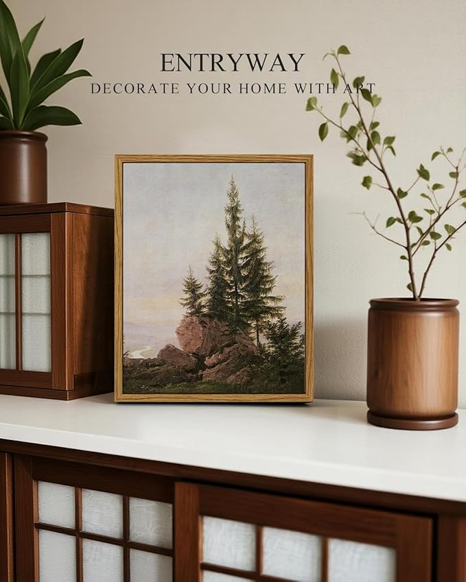 InSimSea Framed Canvas Print Art, Vintage Rocky Pine Forest Landscape Painting, Rustic Farmhouse Cottage Decor for Hallway Wall Floating Shelf Desk Vanity Fireplace,10x8in, Neutral Tones