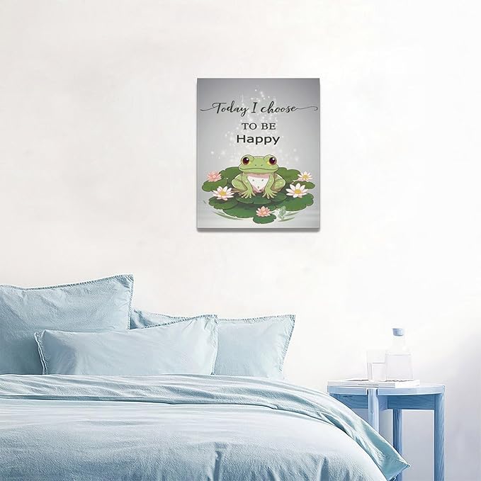 yerretin Frog Wall Art Funny Frog Lotus Pictures Wall Decor Flower Canvas Painting Modern Artwork Home Decorations for Bathroom Living Room Bedroom Office Framed 16"x20"