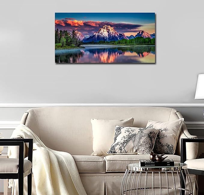 Sunset Landscape Canvas Wall Art for Living Room Grand Teton Wyoming National Park Picture Wall Decor Snake River Mountain Forest Nautre Prints Artwork Bedroom Bathroom Office Home Decor 20" X 40"