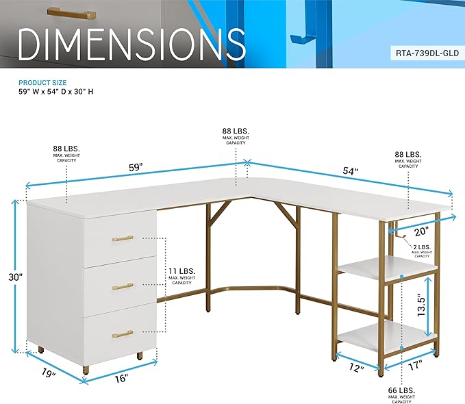 Techni Mobili L Shaped Desk - Two-Toned Computer Desk with Drawers & Storage Shelves - Simple Modern Furniture & Home Office Space Corner Table for Work & Writing