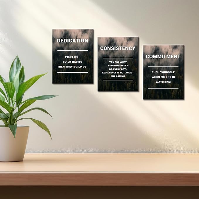 Motivational Canvas Wall Art Office Decor Dedication Consistency Commitment Quotes 3 Pieces Inspirational Posters Print Artwork for Home Bedroom Bathroom Wall Picture Ready to Hang [36''W x 16''H]