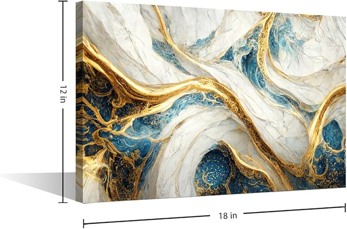 Canvas Wall Art Decor Abstract Artwork Printing 1 Panel Modern Marble Art Poster Blue Gold and White Colors Picture for Home Decor Store Wall Decoration Stretched and Framed Ready to Hang 18x12 in