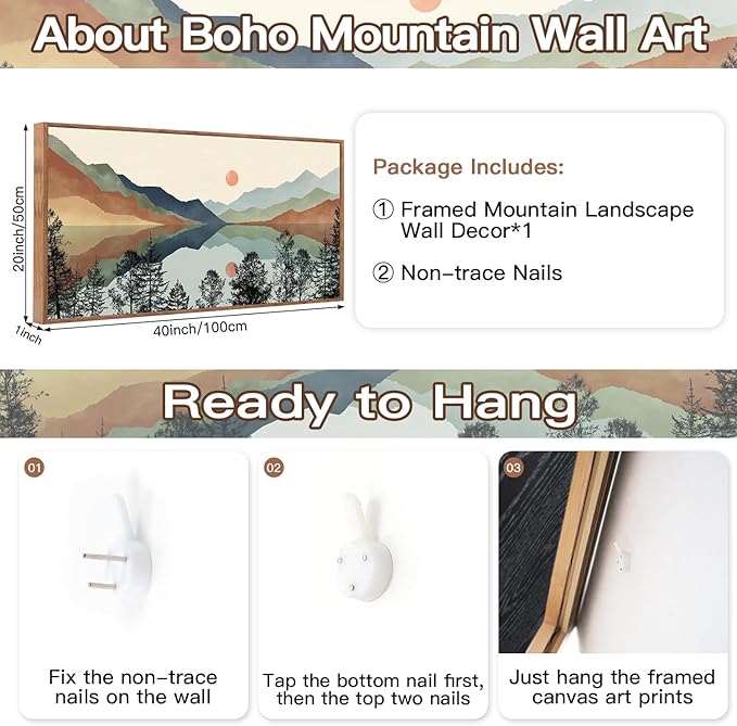 CHDITB Mountain Sun Forest Framed Art Prints(40"x20"), Boho Watercolor Nature Landscape Canvas Artwork Painting, Abstract Foggy National Park Scenery Poster Decor for Living Room Bedroom