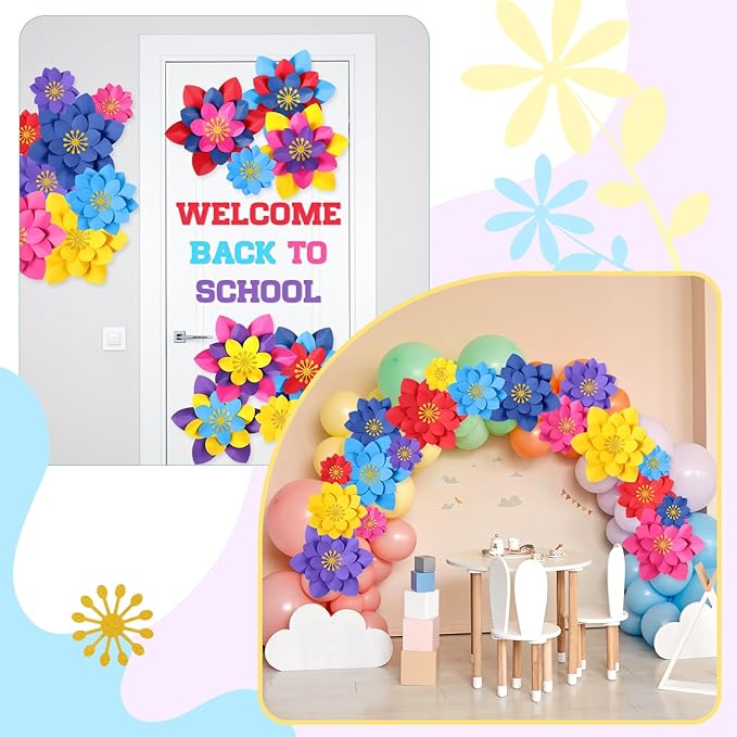 18 Pcs Paper Flowers Decor for Wall DIY Flower Bulletin Board 3D Spring Fiesta Mexican Paper Floral Decoration for Photo Backdrop Classroom Back to School Party(Lotus-Shaped,Dark)