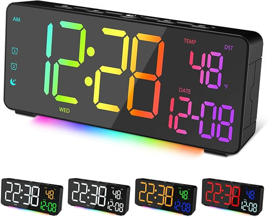 Digital Alarm Clocks for Bedrooms, RGB Desk Clock with 15 Color Display, Date Temperature and Weekday, DST, Snooze, 2 Alarms, Ambient Lighting for Living Room, Bedside Office Gaming Desk Decor