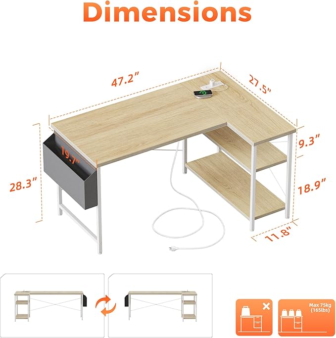 Mericonia Small L Shaped Computer Desk with Power Outlets, Reversible Gaming Desk with Storage Shelves, Corner Gamer Desk Table, Study Writing Table