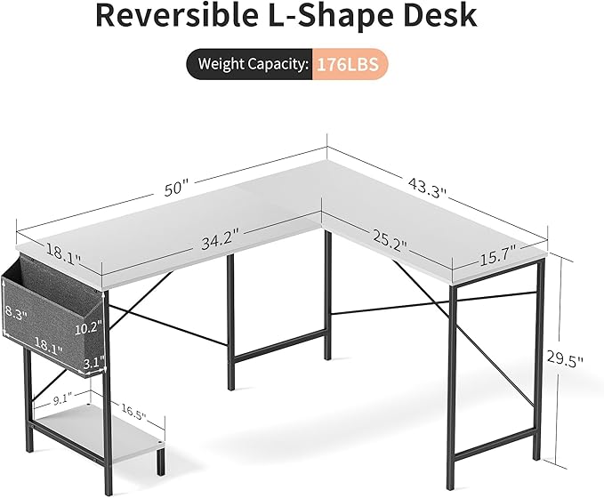InfiniPower L-Shaped Corner Desk, 50-Inch Reversible Gaming PC Table, Compact Work & Study Station with Metal Frame, CPU Stand, Side Bag