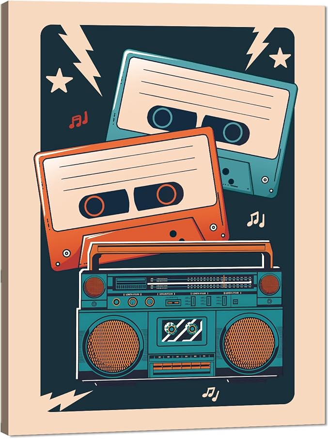 Retro Music Wall Art - Mid Century Cassette Player Canvas Print Aesthetic Room Wall Decor Retro Music Posters Picture Artwork for Living Room Home Office Bedroom Studio Decoration, Framed (12"x16")