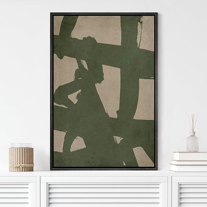 MUDECOR Framed Canvas Print Wall Art Green Abstract Brushstroke Illustrations Minimalism Decorative Relax Colorful for Living Room, Bedroom, Office - 24"x36" Black