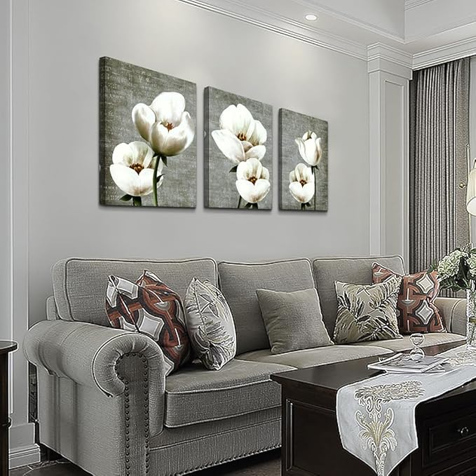 Lapremoly Canvas Wall Art For Bedroom Room Modern Wall Decor For Living Room Gray Green Vintage Style Wall Painting Artwork White Flowers Abstract Pictures 3 Panels Ready To Hang Kitchen Home Decor
