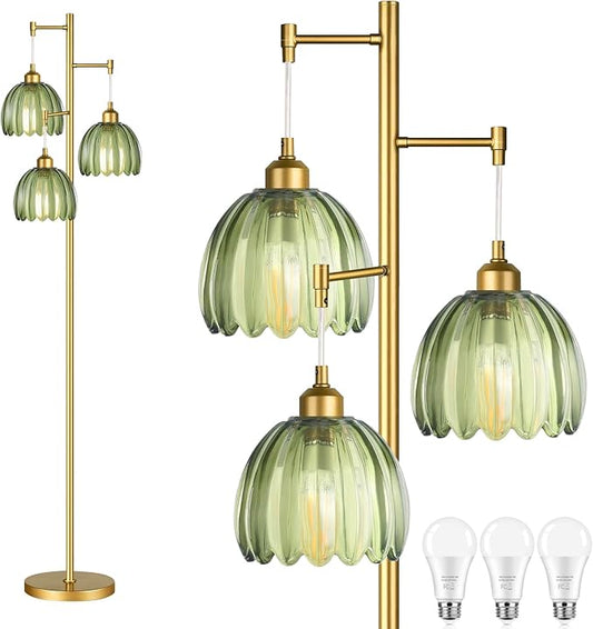 Gold Floor Lamp for Living Room Bedroom,Modern Tree Floor Lamps with Green Glass Shades,68IN Tall Standing Lamp with Bulbs,3 Lights Mid Century Vintage Floor Lamp for Corner Office Reading