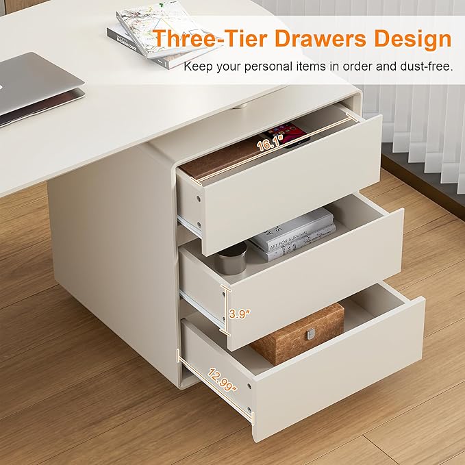 Qulomvs Desk with Drawers, 55inch Home Office White Desk with Drawers and Storage Shelves, Cream White Modern Simple Style Laptop Desk, Work Study Writing Table Workstation for Home Office