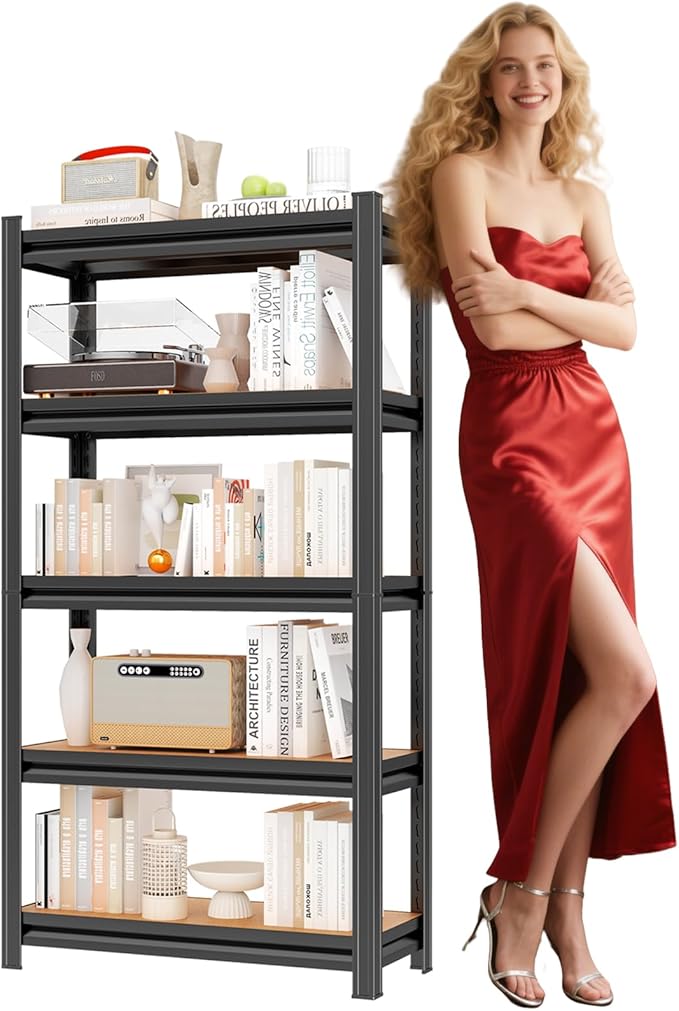 30"W Steel and wood Book Shelf, 5 Tier Wooden Bookcase, 1500LBS Display Shelving, Adjustable Utility Shelf Organizere, Standing Storage Shelves for Study, Bedroom, Living Room and Home Office, Black