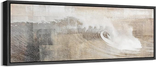 SIGNFORD Large Framed Canvas Neutral Ocean Wave Abstract Illustrations Modern Art Calm Warm for Living Room, Bedroom, Office - 60"x20"