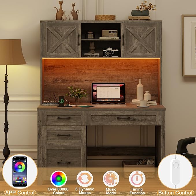 Farmhouse 67" H Executive Desk with Hutch,Office Desk with 4 Drawers and LED light, Computer Table with Storage Cabinet & File Drawers and Charging Station, Wood Workstation for Home Office and Study