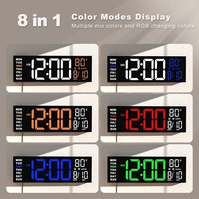 JALL 16" Large Digital Wall Mount Clock, Count Down Timer, Alarm, Big LED, RGB Color, DST, Temperature for Living Room Classroom Desk, Xmas, Birthday Gift for Senior Mom Dad (Orange White, 16 inches)