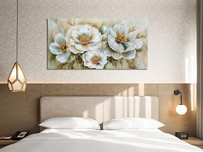 Arjun Vintage Wall Art Canvas Flower for Living Room, Rustic Floral Painting Bedroom, Teal Gold Textured Picture Framed Artwork Dining Room Kitchen Home Office Wall Decor 40"x20"