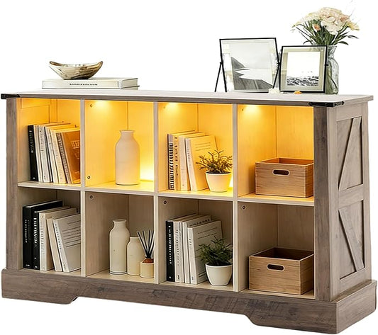 8 Cube Storage Organizer, 2 Tier Book Shelf with Led Lights, Farmhouse Book Shelves for Living Room, Horizontal Toy Storage Bookshelf, Wood Display Bookcase Cabinet for Bedroom, Office, Grey
