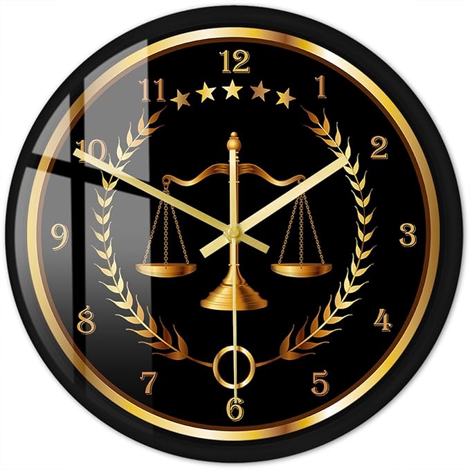 Scale of Justice Metal Frame Round Clock, Battery Operated Quartz Non Ticking Judge Law Black Aluminum Frame Wall Clock for Lawyer Office Decor Law Firm Office School Living Room Wall Art