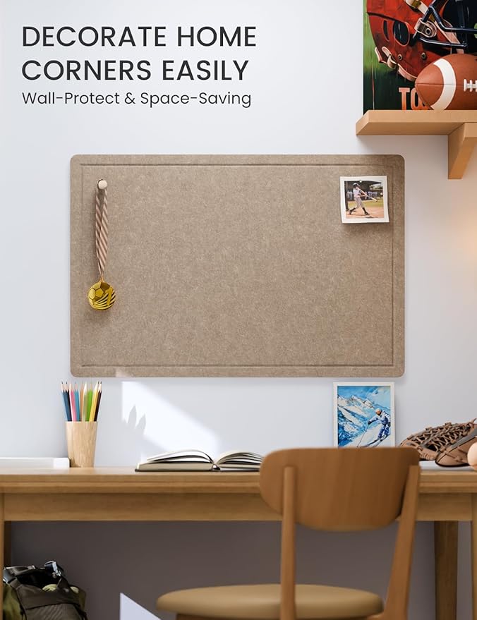 Fluxynara Bulletin Board, 35.4" x 23.6" Cork Board Alternative with 12 Safe Removable Adhesive Tabs, Foldable Felt Pin Board for Home Office, Classroom, Bedroom,Entryway for Walls— Taupe
