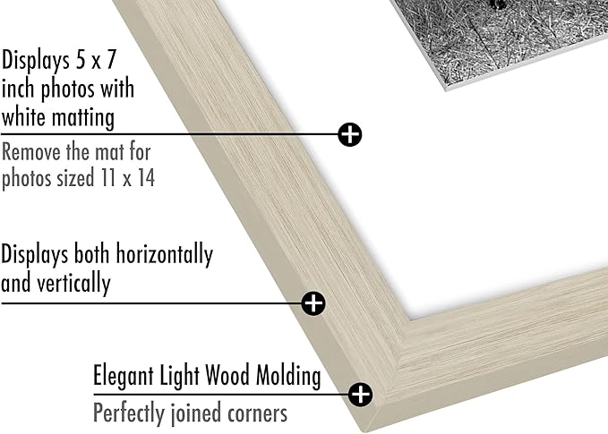 Americanflat 11x14 Picture Frame with Shatter-Resistant Glass - Use as 5x7 Frame with Mat or Display 11x14 Photo Without Mat - Signature Collection - Picture Frames for Wall Display - Light Wood