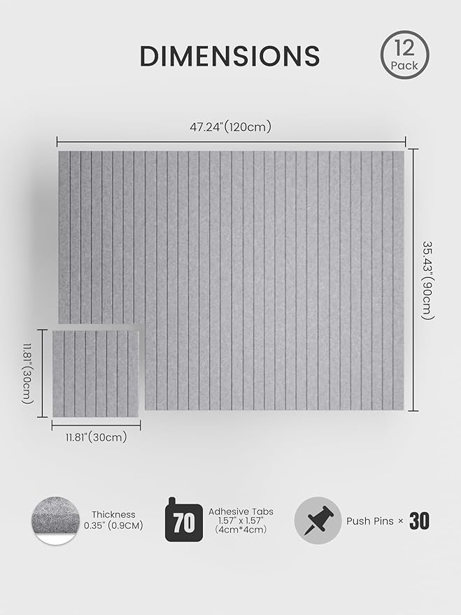 Bumusty Large Cork Board Alternative-48 x 36" Felt Bulletin Board Tiles, with 30 Pushpins, 70 Adhesive Tabs, 12-Pack Slat Wall Paneling, Cork Boards for Office Push Pin Board Felt Board-Soft Gray
