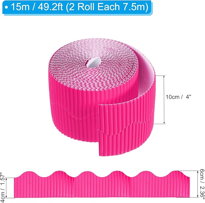 PATIKIL 3.9inch x 49.2ft Bulletin Board Border, Scalloped Trim Paper Corrugated Paper for Locker Classroom Decor Black White Cork Poster Boards, Rose Red