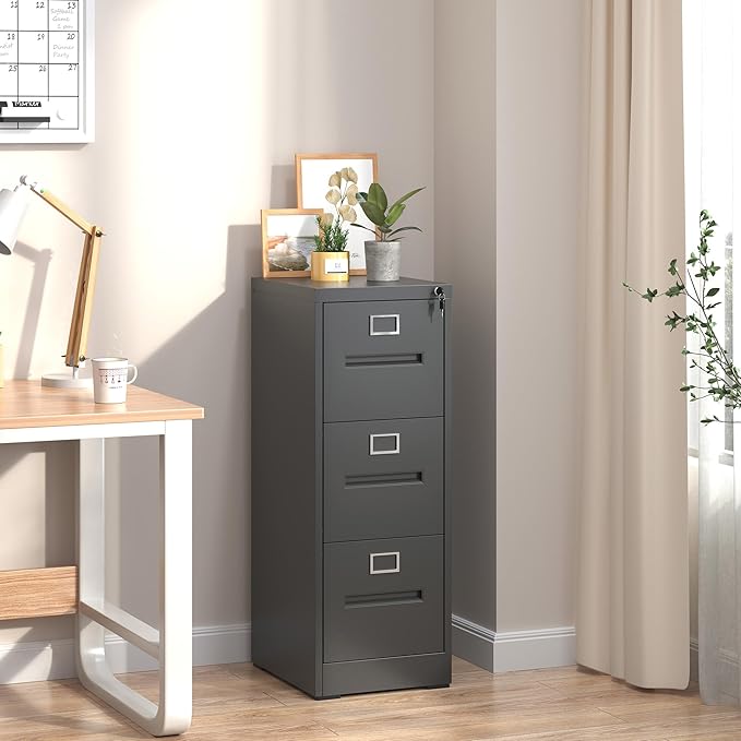 3 Drawer File Cabinet, Vertical File Cabinet with Lock, Metal Locking Filing Storage Cabinet for Home Office, Hanging Files for A4/ Legal/Letter, Assembly Required, Black