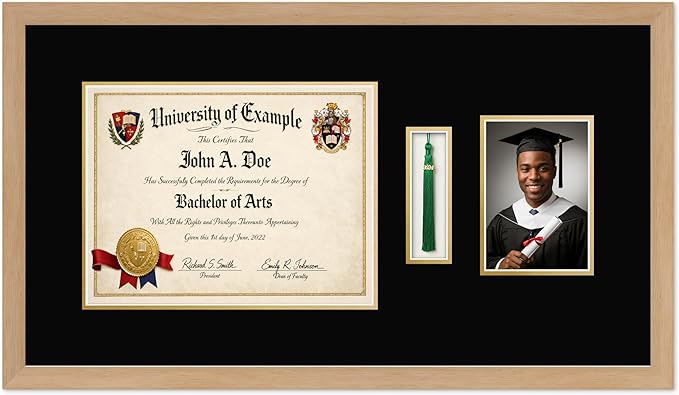 CountryArtHouse Diploma Tassel and Photo Shadowbox Fits 13 x 10 College Diploma (Traditional) with Tassel Natural Wood Genuine Hardwood with Black Over Metallic Gold Double mat