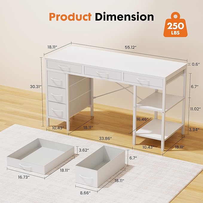 Sweetcrispy 55" Computer Desk with 6 Drawers, Home Office Gaming Desks with Storage Shelves for Bedroom, Writing Study Corner Living Room Work Table White