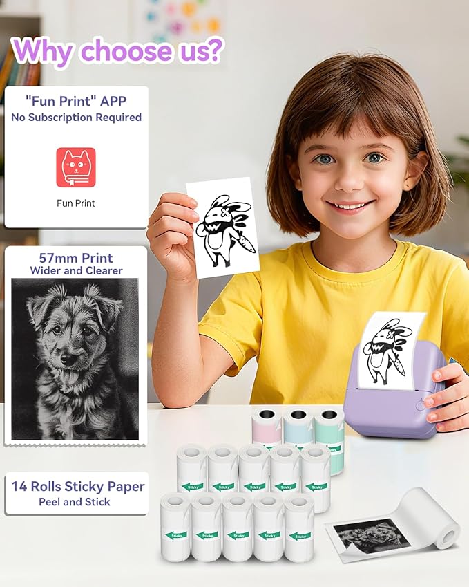 Aptika Mini Thermal Printer with 14 Rolls Sticky Papers, Wireless Bluetooth Photo Printer, Portable Label Maker Machine with Tape, Small Compact Picture Maker for Student Kid, Purple