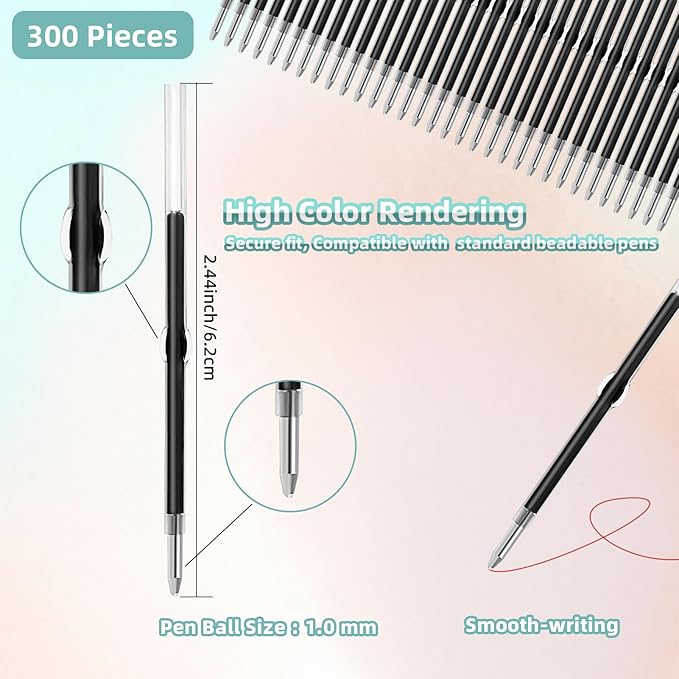 300 Pack Beadable Pens Refills Bulk - Red Ink Ballpoint Pen Refill, Smooth Writing Ink Refills for DIY Pen Making, Beaded Pens Supplies with Storage Box for DIY Lovers, Teachers