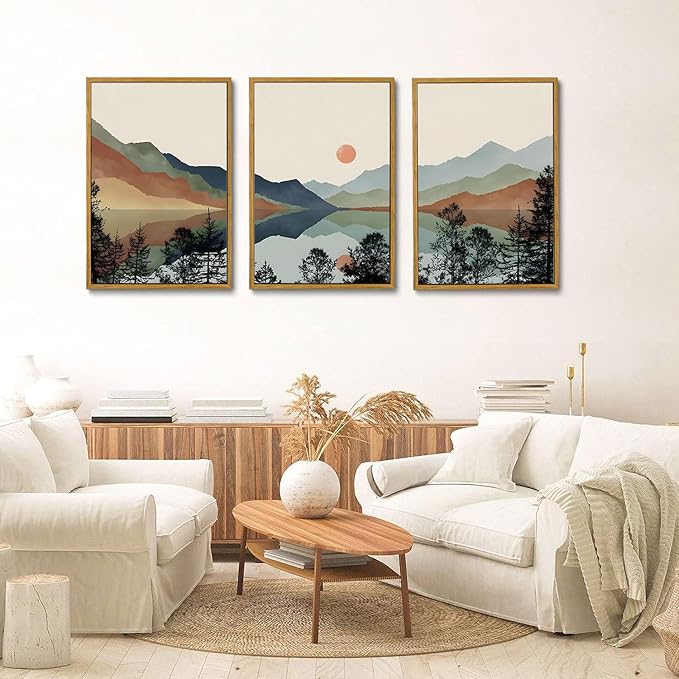 Bwodke Framed Wall Art Canvas Mountain Wall Art Set of 3 Boho Watercolor Nature Landscape Picture Decor Sun Forest Prints Artwork for Living Room Bedroom Office 16"x24"