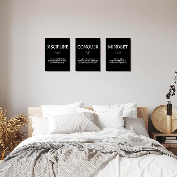 LMGOV Motivational Wall Decor, Office Wall Art for Men, 12" x16" Framed Canvas Painting for Bedroom, Wall Picture for Living Room, Black and White Poster for Gym, Bathroom, Sports, Dorm (3 Piece)