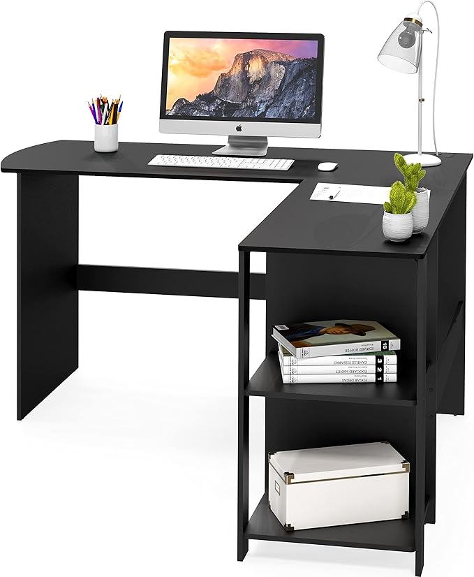 SHW 51 x 51 Inches L-Shaped Home Office Wood Corner Desk wtih Storage, Black