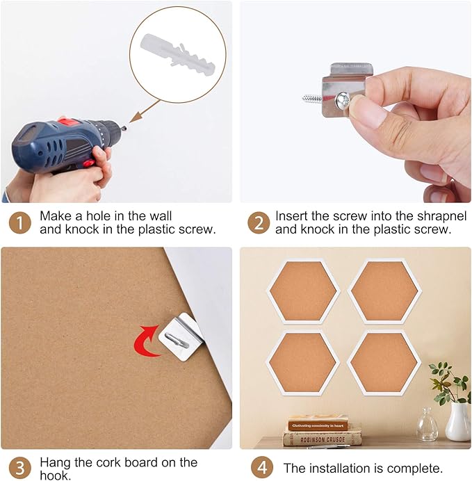 AkTop Cork Bulletin Board Hexagon 4 Pack, Small Framed Corkboard Tiles for Wall, Thick Decorative Display Boards for Home Office Decor, School Message Board with 16 Push Pin Wood Clips, White