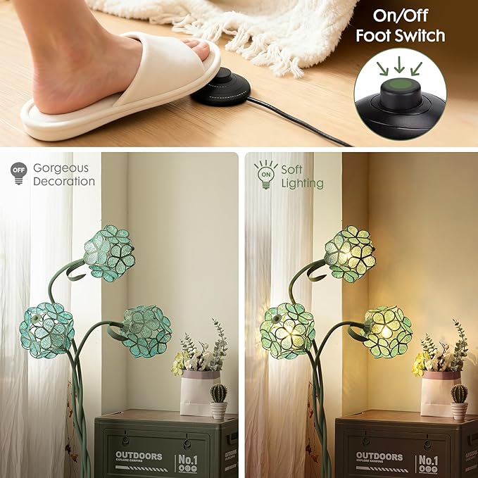 Vintage Tiffany Floral LED Floor Lamp for Living Room, Tall Green Standing Lamp with Adjustable Heads, Unique Flower Light for Bedroom, Artistic Standing Light for Girls Kids Nursery Room Decor