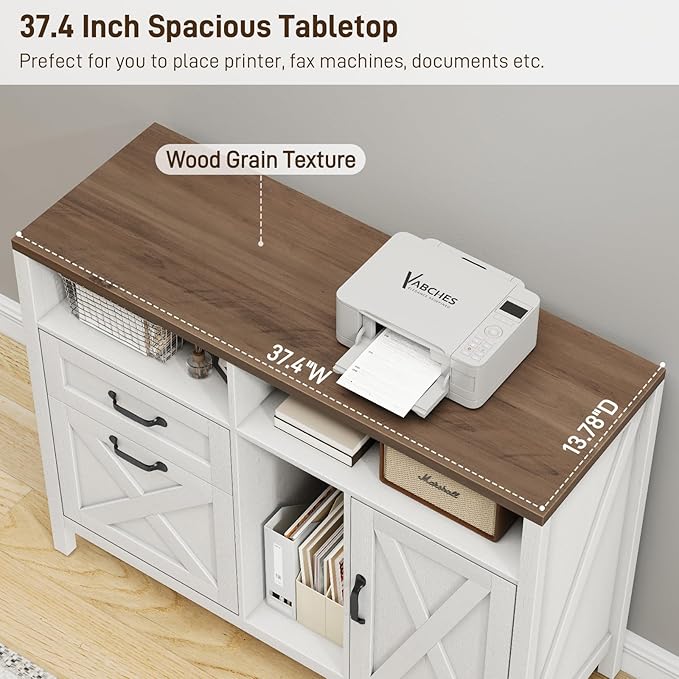 Farmhouse File Cabinet with Doors, Lateral Filing Cabinet with 2 Drawers for Letter/A4 Size Hanging Files, Large Wooden Printer Stand with Open Shelf for Home Office, Rustic White