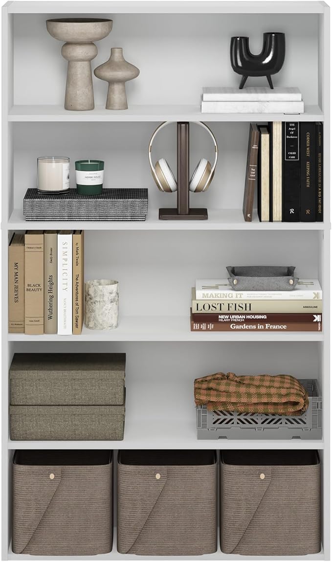 Furinno PASIR Book Shelf, 5-Tier Bookshelf, Bookcase with Open Shelf, 9.4 x 31.5 x 52.7, for Living Room, Bedroom, Home Office, White