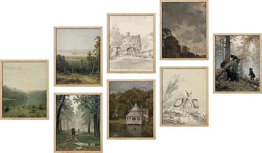 SIGNWIN Framed Poster Wall Art Set of Vintage Landscape, Sketches Art, Rustic Framhouse Decor for Living Room, Bedroom, Office - 8"x10"x 8 Natural