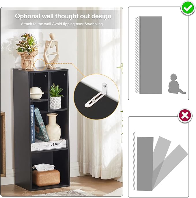 VECELO 3-Tier Small Bookcase, 4 Cube Bookshelf, Fits Tallest Hardwares, Modern Floor Standing Unit, Shelf Hold Up to 66 LBS for Living Room Bedroom, Vintage Black