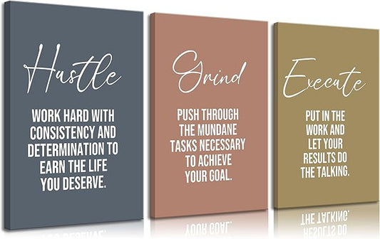 3pcs Inspirational Quotes Canvas Wall Art Uplifting Motivational Positive Office Wall Decor Pictures Hustle Execute Success Quotes Posters Prints for Living Room Bedroom Man Cave Decorations
