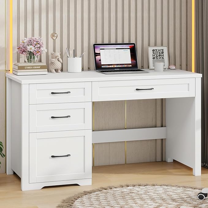 Farmhouse 47" Executive Desk with File Drawer, Wood Computer Desk with 3 Storage Drawers, Workstation for Home Office, Study, Writing.White